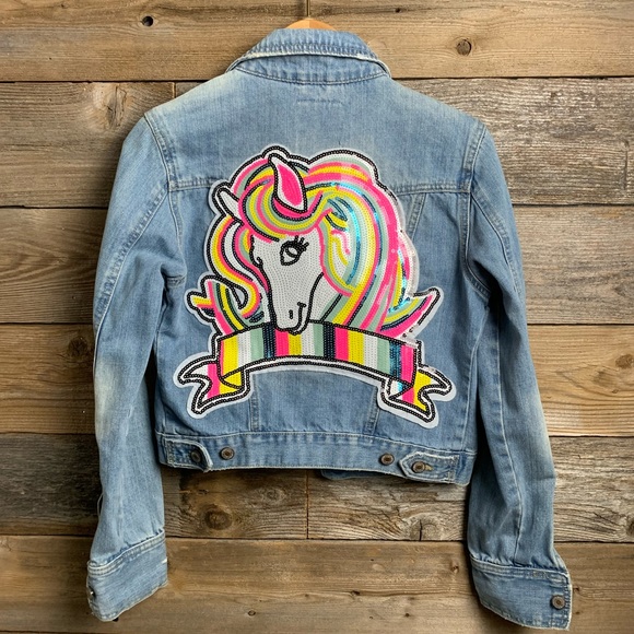 Aeropostale denim jean jacket M unicorn sequin - Picture 1 of 4